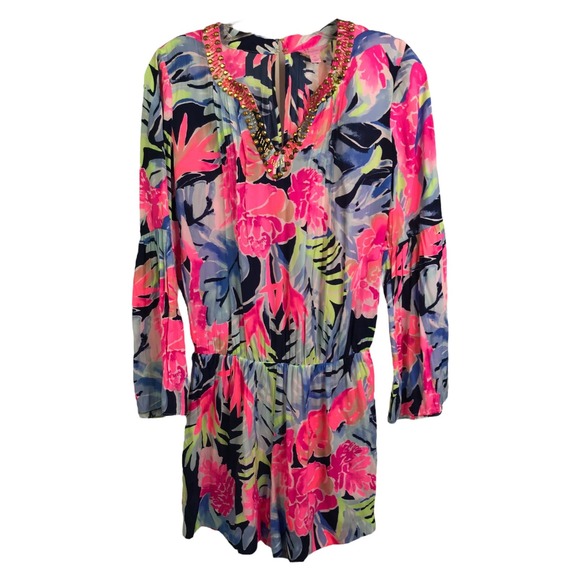 Lilly Pulitzer‎ Women's Arielle Beaded Romper High Tide Navy Tropicolada Pink XS - Picture 1 of 9